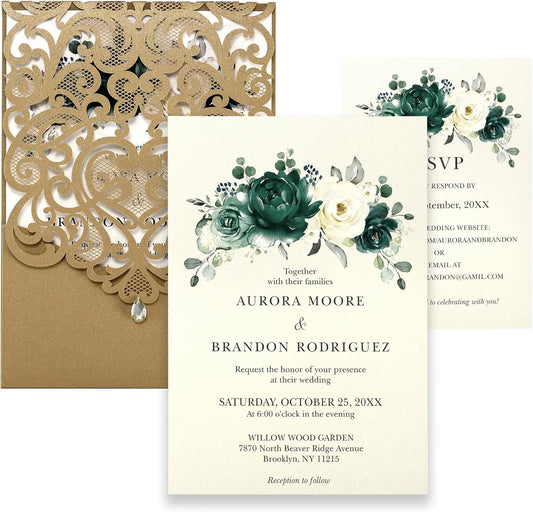 50pcs Laser Cut Wedding Invitations with Envelopes and RSVP Cards Green and Gold, 5x7.3 Personalized Invitation Cards for Wedding, Anniversary Invitations with Rhinestone