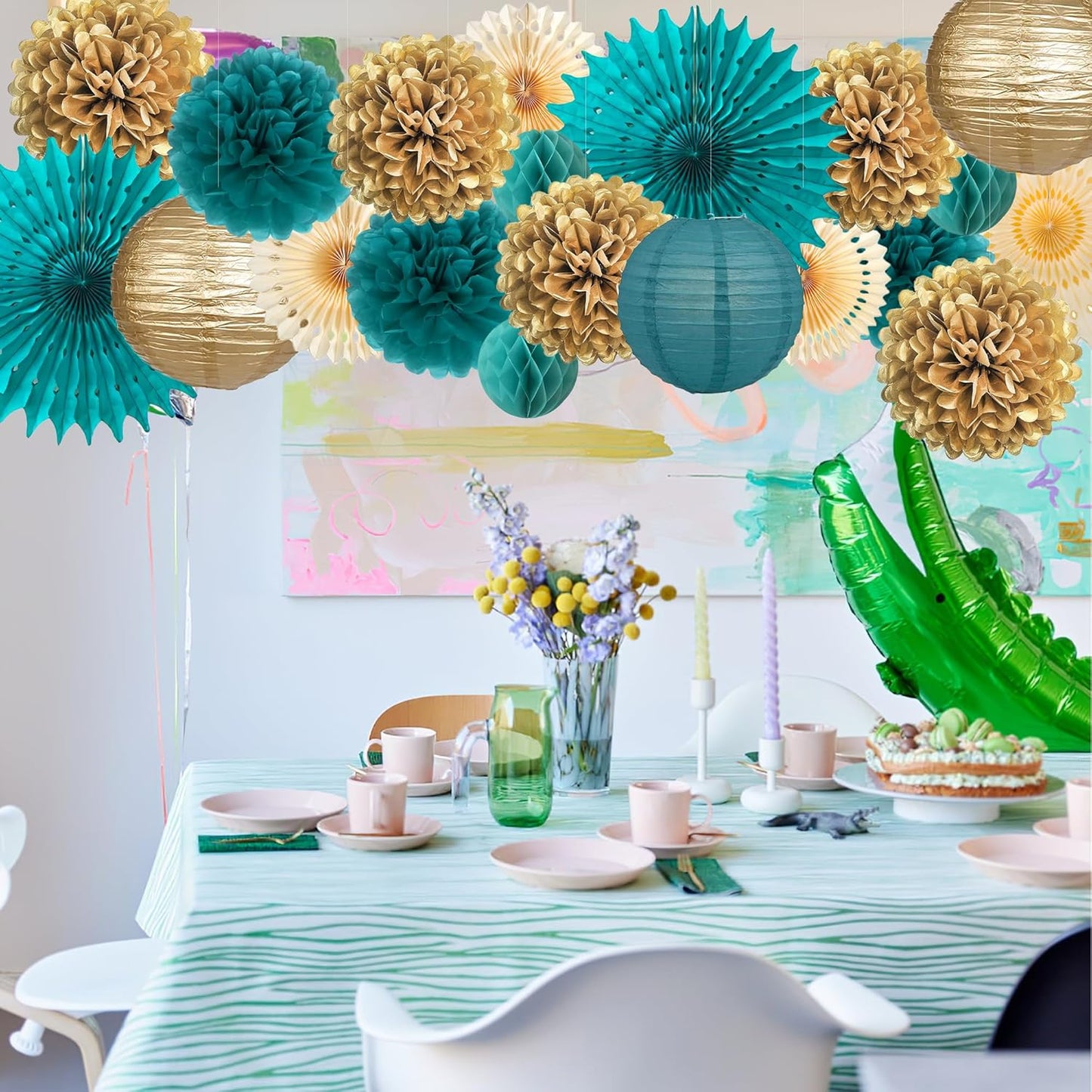 Dark Teal and Gold Party Decorations Dark Teal and Gold Paper Fans Paper Lanterns Pom Poms Flowers for Baby Shower Birthday Wedding Engagement Party