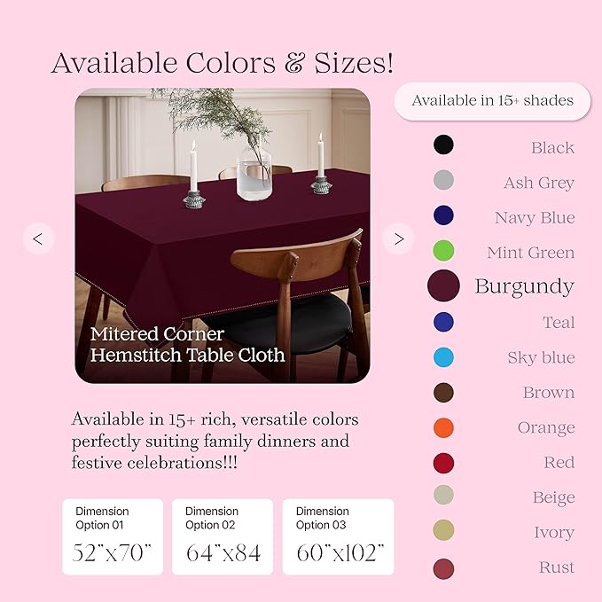 Burgundy Wine Tablecloth, 100% Cotton, 60x102 Inch, Fits 8-10 Seats, Soft, Washable, Wrinkle Resistant, Rectangle Dining Table Cover for Anniversaries, Decor, Holiday, Dinner, Events