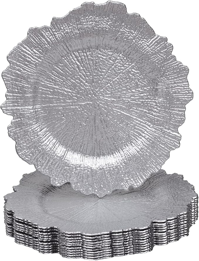 MAONAME 13" Silver Charger Plates, Round Reef Chargers for Dinner Plates, Plastic Plate Chargers for Table Setting, Wedding Decor, Set of 12