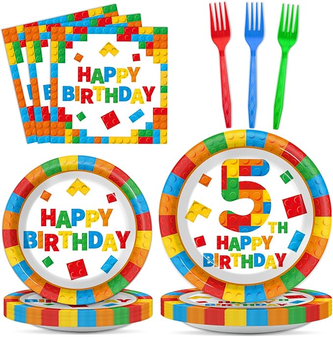 96 Pcs Building Blocks 5th Birthday Paper Plates and Napkins Building Bricks 5th Happy Birthday Tableware Set Brick Theme Party Disposable Plates Set for Boys Kids 5 Years Old Party Decorations