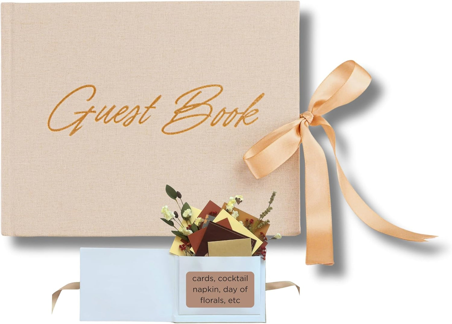 Elegant Wedding Guest Book-Wedding Memory Book w/Keepsake Pocket+Bow Closure, 9x7in Linen Cover, 150 Lined Pages - Party Essentials for Weddings, Bridal/Baby Shower, Funeral and Other Special Events
