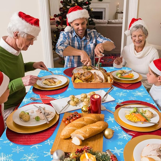 Peryiter 12 Pcs Winter Snowflake Plastic Tablecloth Decorations, Christmas Wonderland Disposable Table Cover 54 x 108 Inch Blue and White Dining Table Cover for Winter Holiday Theme Party Supplies