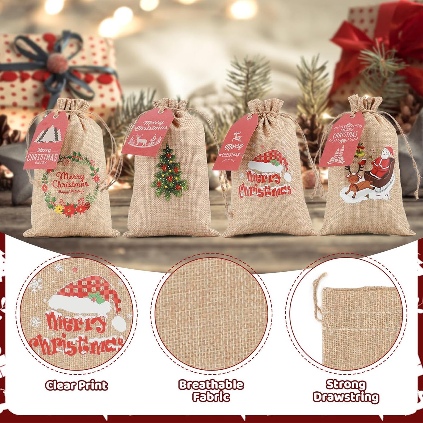 Tapleap Small Christmas Gift Bags, Burlap Coth with Drawstring, 5x8 Inches (Lot of 40) with Tags, String, for Wrapping Holiday Party Favors or Gifts for Coworkers, Kids Class, and Community Members