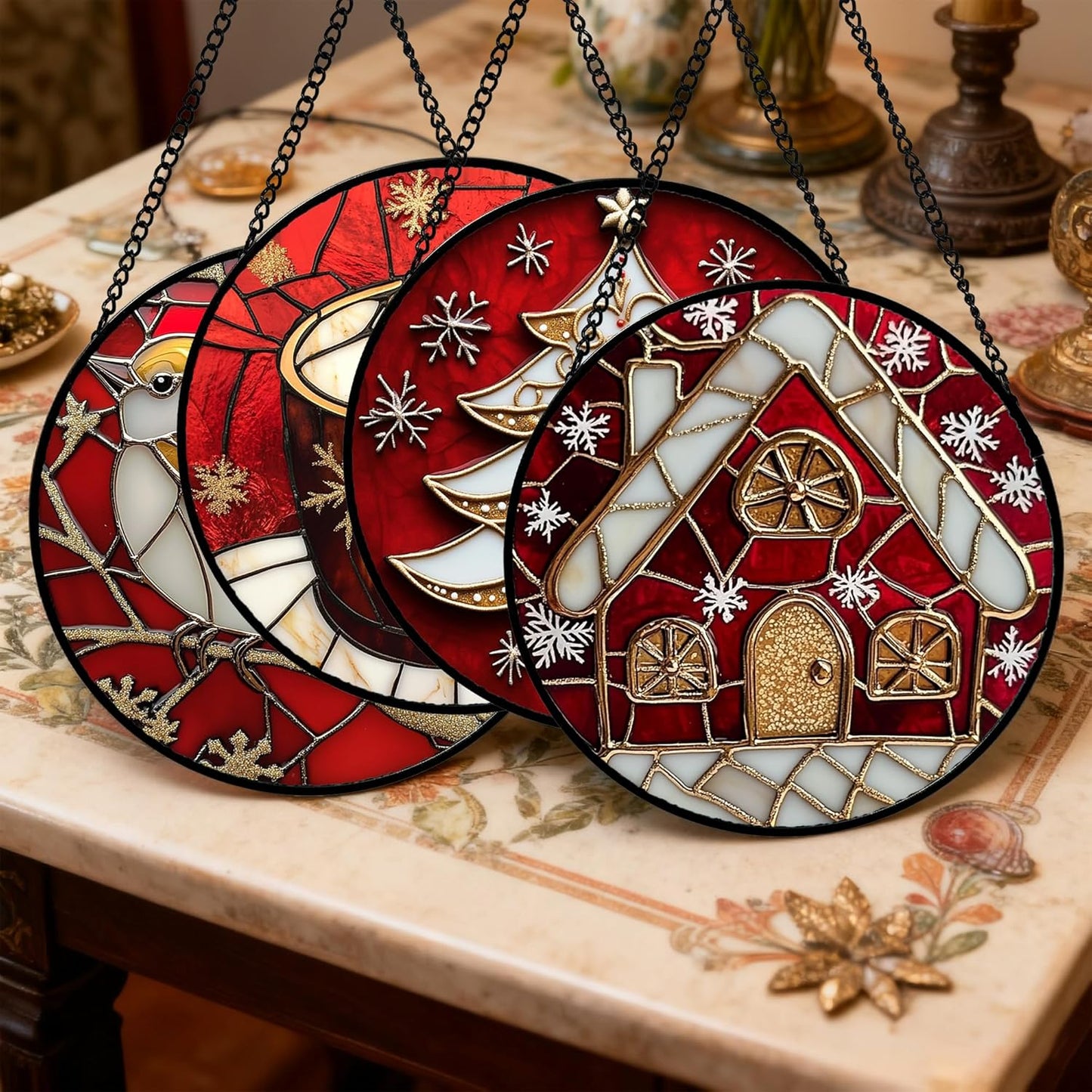 Stained Glass Window Hanging 4 Pcs Set Red Christmas Themed Decorations 9.8" - Suncatcher Door Garden Sun Catcher Decor Birthday New Year for Mom Woman Nana Men