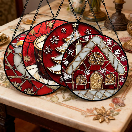 Stained Glass Window Hanging 4 Pcs Set Red Christmas Themed Decorations Large 15" - Suncatcher Door Garden Sun Catcher Decor Birthday New Year for Mom Woman Nana Men