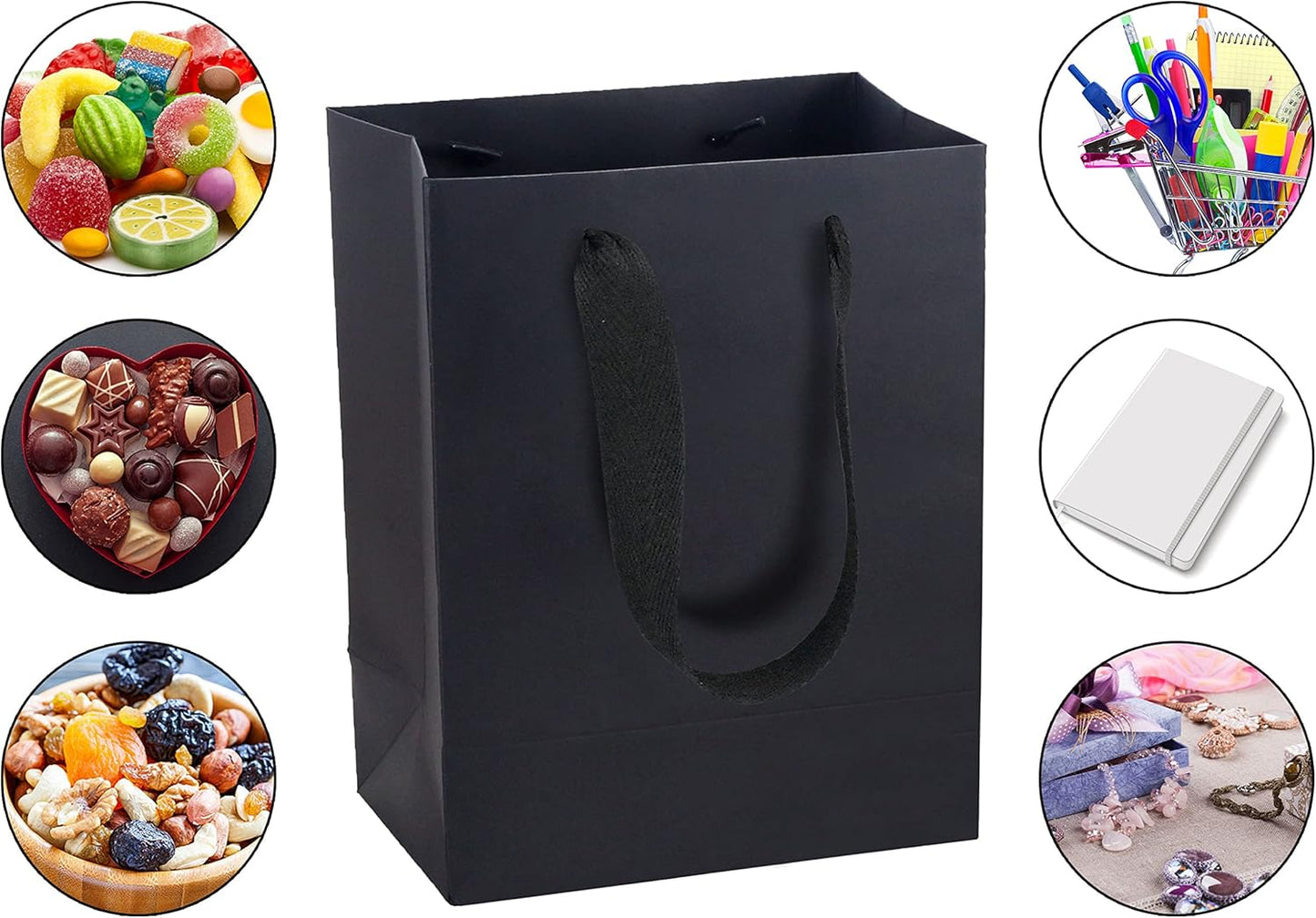 HUAPRINT Black Paper Bags - Gift & Shopping Bags with Ribbon Handles, 30 Packs, 7x4x9Inch - Perfect for Clothes, Parties, Weddings & Business Merchandise