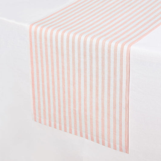 Solino Home Striped Linen Table Runner 90 Inches Long - Amalfi Stripe 100% Pure Linen Coral and White Dining Table Runner 14 x 90 Inch