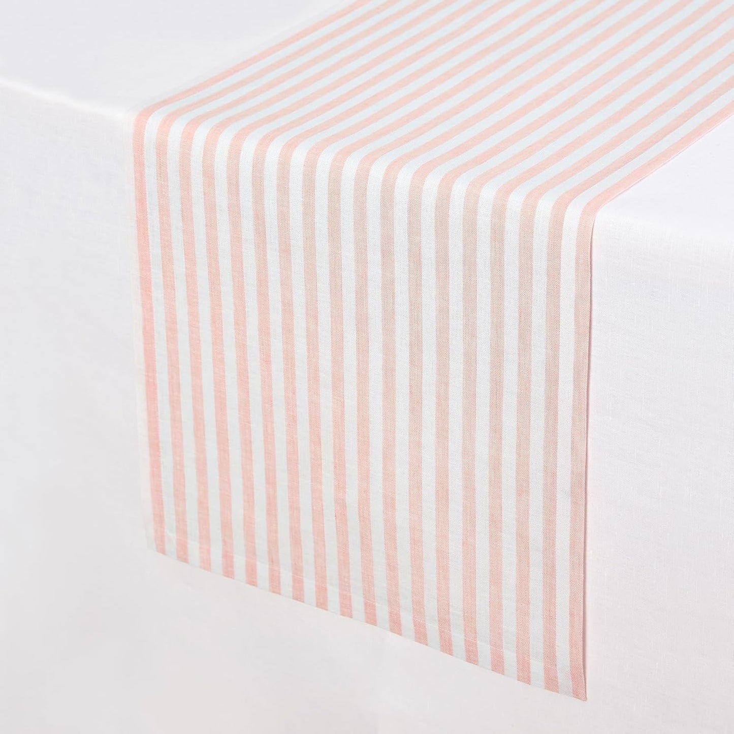 Solino Home Striped Linen Table Runner 48 Inches - Amalfi Stripe, 100% Pure Linen Coral and White Small Table Runner 14 x 48 Inch Ideal for Dresser and Coffee Tables