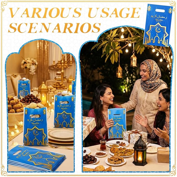 Supervitae 100 Pieces Ramadan Kareem Plastic Gift Bags Bulk Eid Mubarak Treat Candy Goodie Bags with Churches Star and Moon for Muslim Eid Party Favors Supplies
