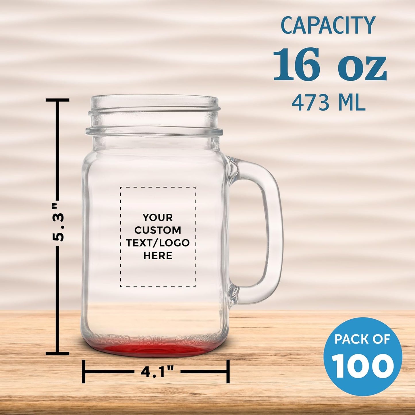 DISCOUNT PROMOS Custom Libbey Mason Jars w/Handles 16 oz. Set of 100, Personalized Bulk Pack - Traditional style, High standard - Red
