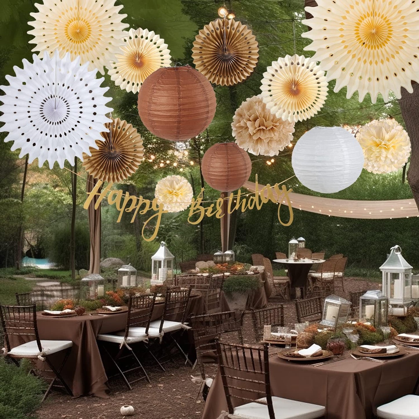 SUNBEAUTY Brown Birthday Party Decorations Rustic Paper Natural Birthday Decorations Hanging Lanterns Tissue Paper Pom Poms Boho Birthday Decorations For Women