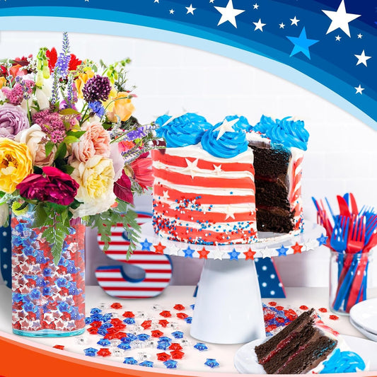 300pcs Patriotic Red Clear Blue Star Acrylic Crystals Gems Table Scatter Vase Filler for 4th of July Memorial Day Birthday DIY Crafts Home Party Decorations