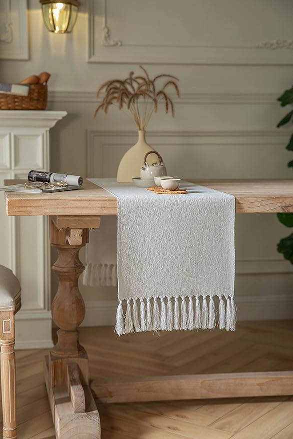 ZeeMart Light Grey Table Runners 108 Inches Long, Burlap Linen Style Rustic Farmhouse Table Runner, Long Boho Dining Table Runner, 13x108 Inches, Light Grey