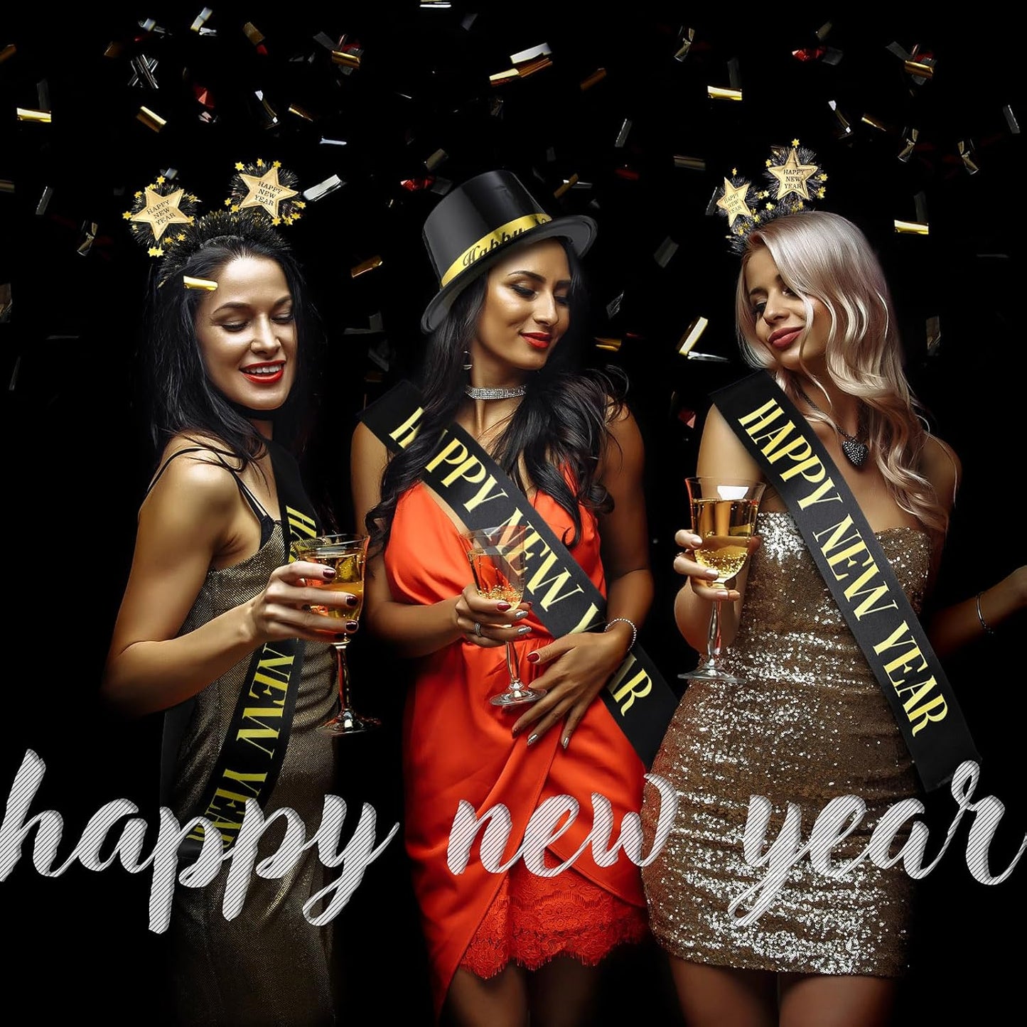 Coume 3 Pcs 2026 Happy New Year's Eve Party Supplies Black Gold Hat New Year Headband with Star Boppers Sash Belt Decoration for Party Gift Accessories