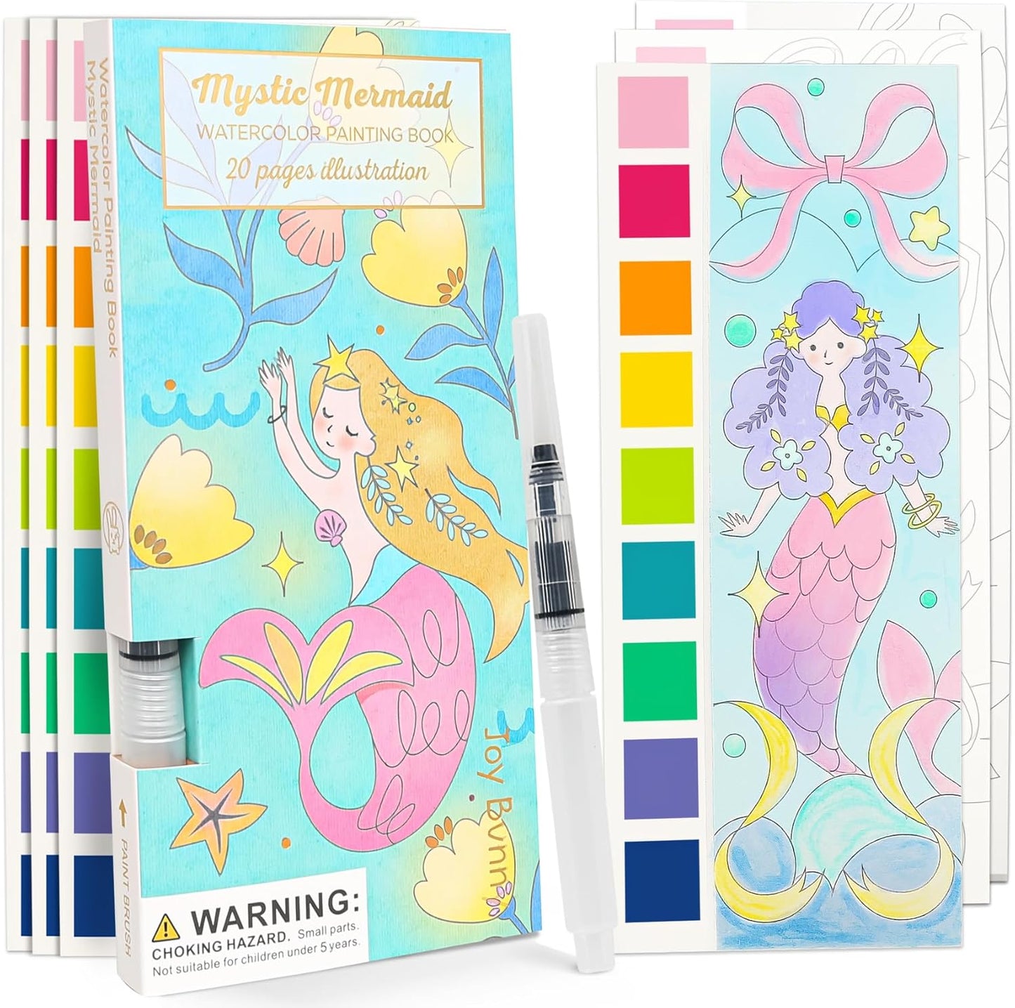 ROOCHKD Watercolor Painting Coloring Books Pocket Watercolor Paint Bookmarks, Mess Free Paint with Water Set, Travel Class Activities Art Party Favors Exchange Birthday Gifts for Kids (Mystic meraid)