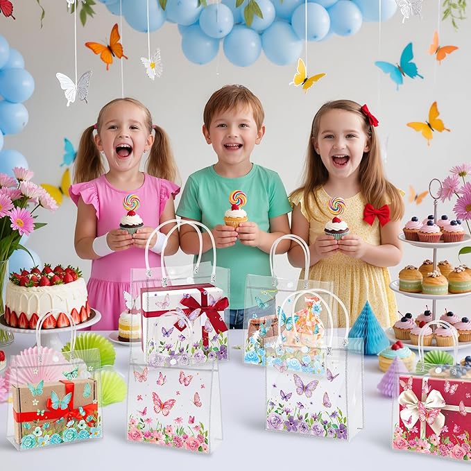 H1vojoxo Spring Butterfly Gift Bags - 24PCS Spring Butterfly Clear PVC Gift Bags with Handle Bulk 7.9x3.2x7.9 Inches Reusable Goodie Snack Treat Plastic Gift Wrap Tote Bag for Baby Shower Wedding
