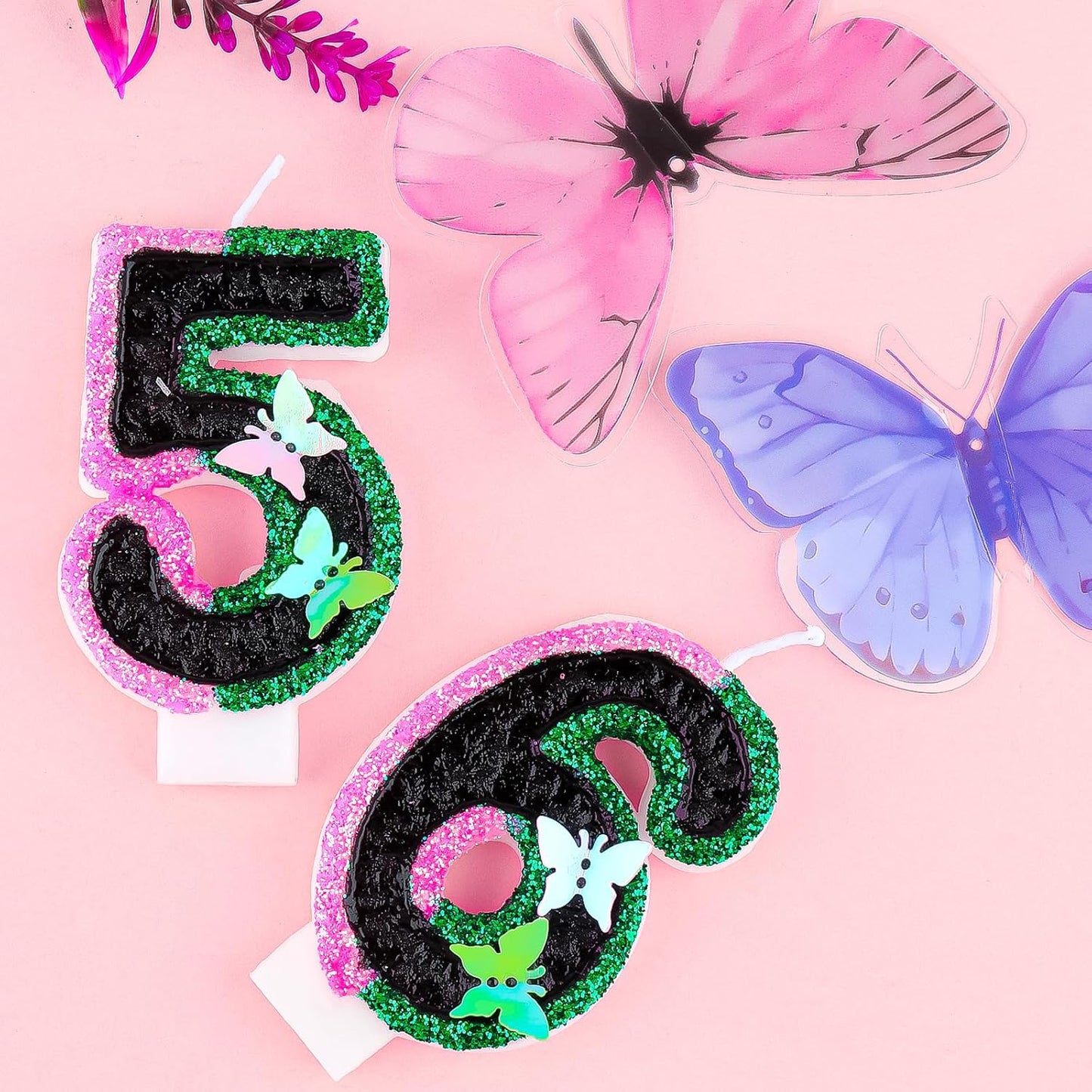Birthday Number 12 Candles Pink Black and Green Butterfly Birthday Candles for Glitter Cake Topper with Sequins Decorations Girls Women Witch Theme Anniversary Celebrations Supplies
