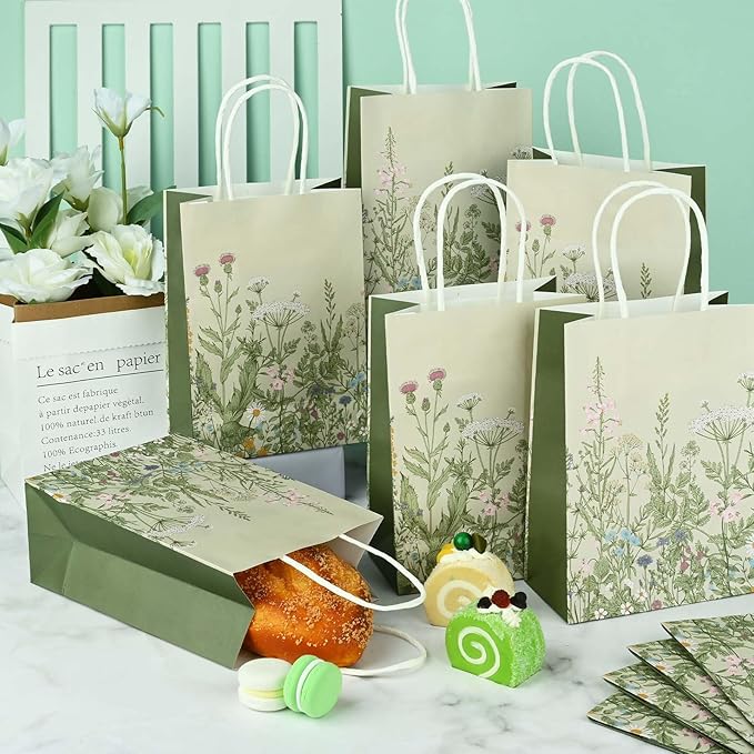 Bolsome 24Pcs Vintage Wildflower Paper Gift Bags Retro Floral Party Favor Bags with Handles Herb Goodie Candy Treat Bags for Wedding Birthday Baby Shower Party Supplies