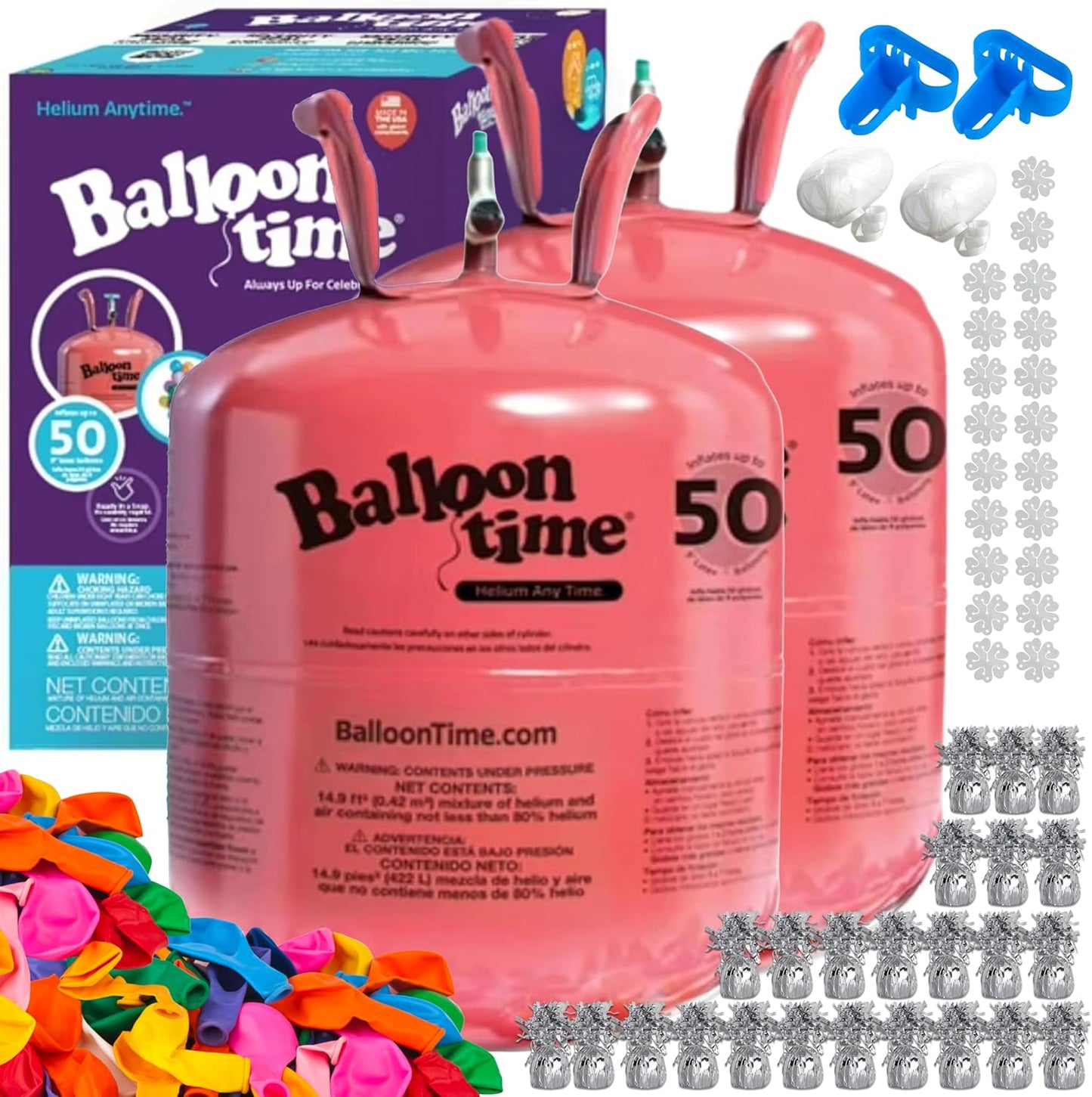 Helium Tank for Balloons At Home 14.9 Cu Ft Helium Tank, 50 Balloons and White Ribbon, 12 Silver Balloon Weights, Balloon Tie Tool and Flower Clips (Pack of 2)