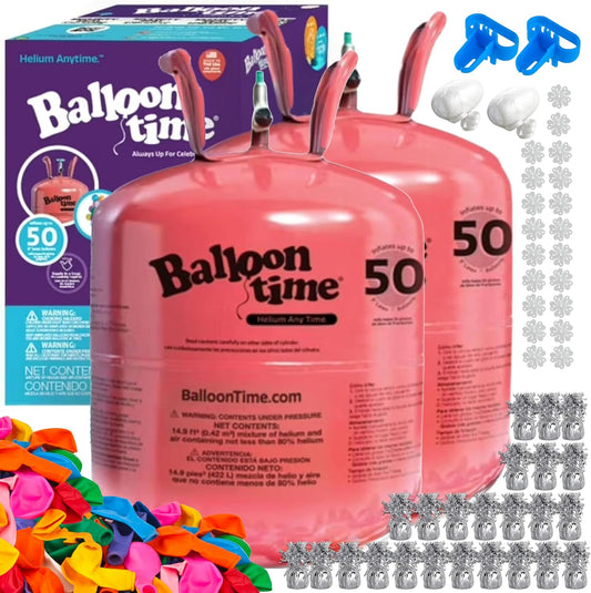 Helium Tank for Balloons At Home 14.9 Cu Ft Helium Tank, 50 Balloons and White Ribbon, 12 Silver Balloon Weights, Balloon Tie Tool and Flower Clips (Pack of 2)