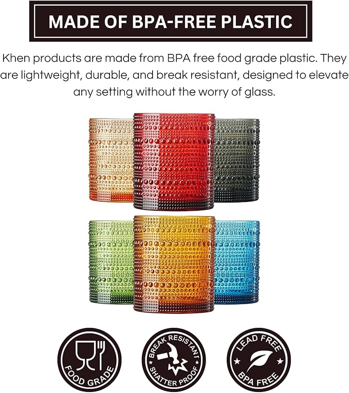 Khen Plastic Hobnail Drinking Glasses Set of 6 Neutral Tones Cups 14oz, Shatterproof & Unbreakable Acrylic Beaded Design, BPA-Free, Dishwasher Safe Indoor/Outdoor Drinkware for Water, Juice, Cocktails