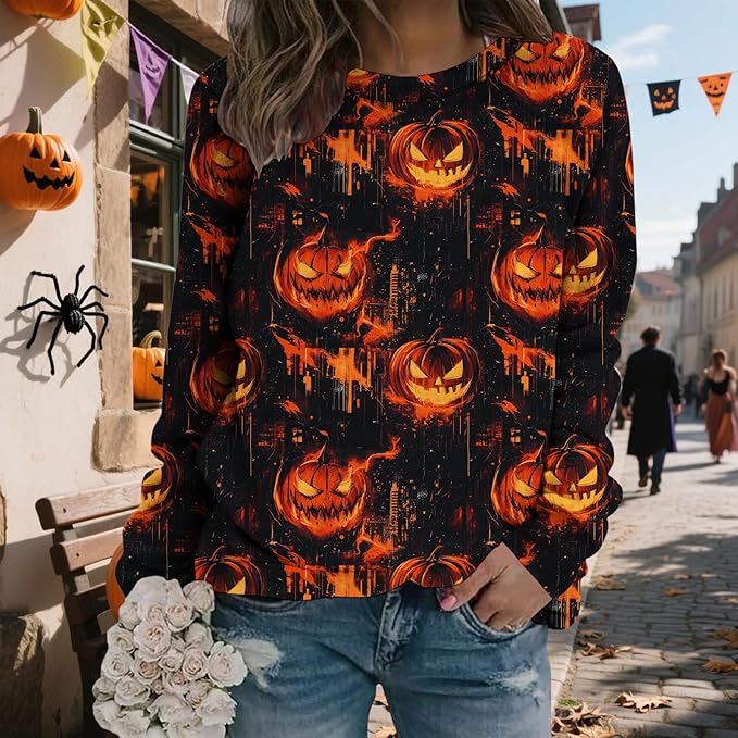 LIZALIG Pullover Cute Sweatshirt Orange Skeleton Fall Festive FunWomens Design Bat Holiday Party Outings Pumpkin Print
