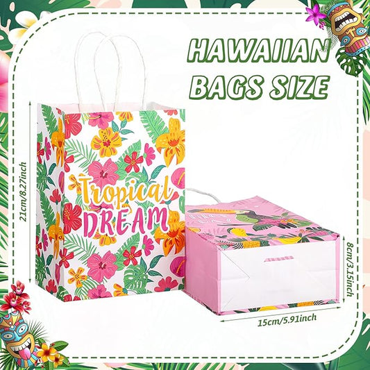 Outus 24 Pcs Summer Hawaiian Party Favor Bags Tropical Goodie Gift Paper Bags with Handles Aloha Tiki Luau Palm Leaves Flamingo Treat Candy Pouch for Summer Party Birthday Decor Baby Shower Supplies
