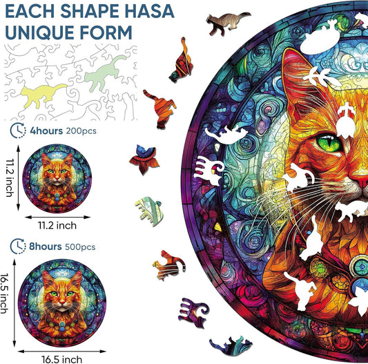 Reouinty Wooden Puzzles for Adults, Yellow Cat Jigsaw Puzzles 200 Pieces, Unique Shaped Animal Wood Adult Puzzle, Best Gifts for Adults Family Games (11.2 * 11.2 inches)