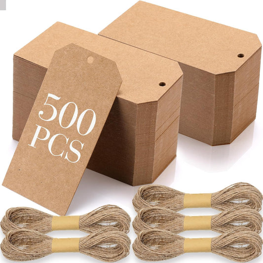 200 Pcs Kraft Paper Gift Tags with String 4.7" x 2.4" Cardboard Price Tag Name Tag Vintage Wedding Birthday Hang Brown Tags with Twine Blank Gift Tag for Wedding Birthday Holiday Art & Craft