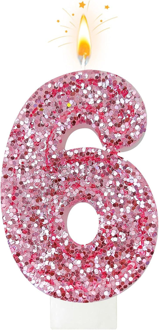 Birthday Number Candles, Glitter Number Candle Cake Decorations with Sequins, Cupcake Decorations for Girls, Women, Party Anniversary Celebrations (Number 6, Pink)
