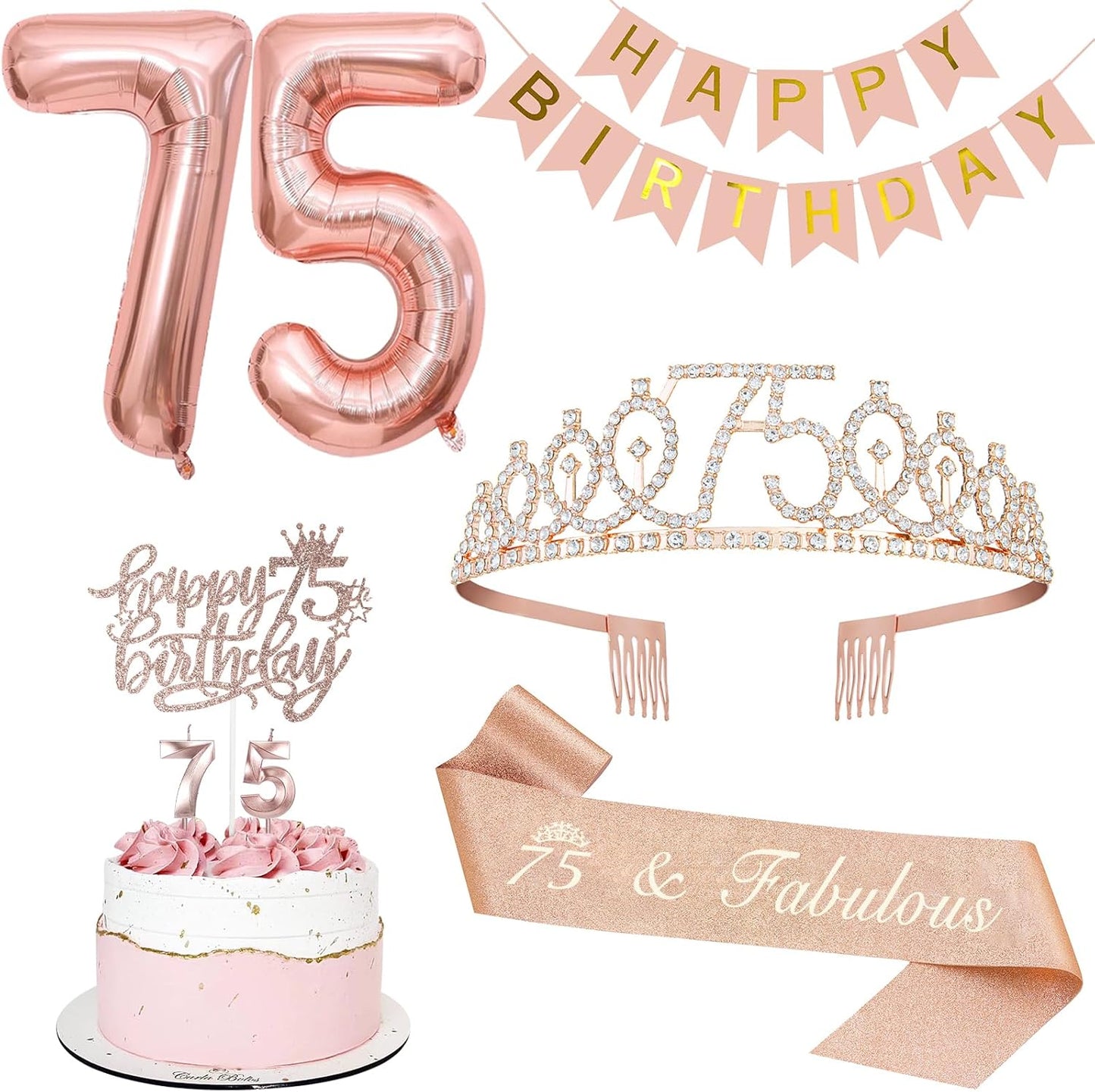 75th Birthday Decorations for Women, Including 75th Tiara and Sash, Happy Birthday Banner, Cake Toppers, Number Candles and Balloons Set, Rose Gold