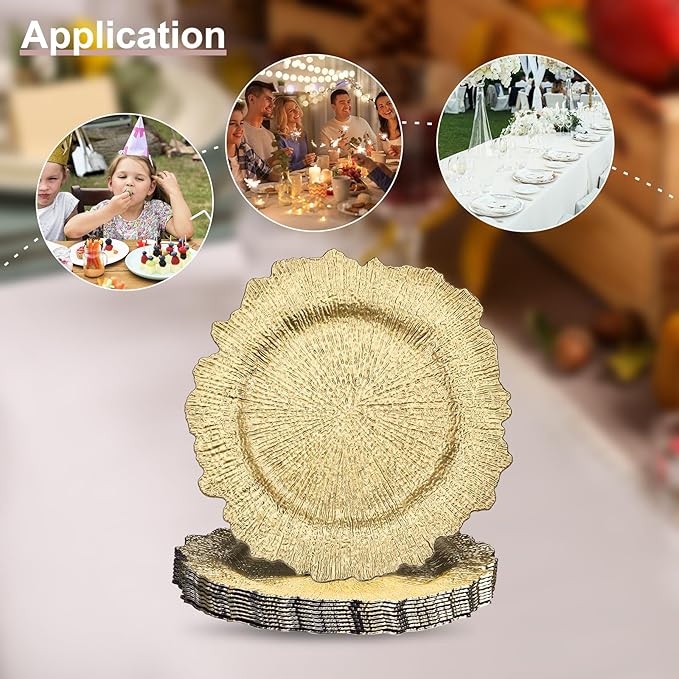 uxcell 10pcs Charger Plates Bulk 13 Inch Plastic Charger Plates Round Plate Charger for Dinner Wedding Party Event Table Setting Decoration Gold