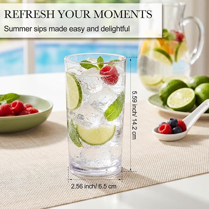 Gerrii 18 Pcs Clear Plastic Tumblers Drinking Cups Reusable Unbreakable Juice Acrylic Glasses Dishwasher Safe Plastic Glasses for Adults Picnic Party Kitchen (15.5 oz,Vintage)