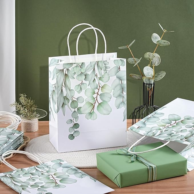 Loveinside Eucalyptus Leaves Paper Gift Bag, Delicate Green Leaves Deisgn with Handles Grocery Shopping Bags Candy Goodie Bags for Birthday, Wedding, Spring, Mother's Day, 8" x 4" x 10", 12 Pcs