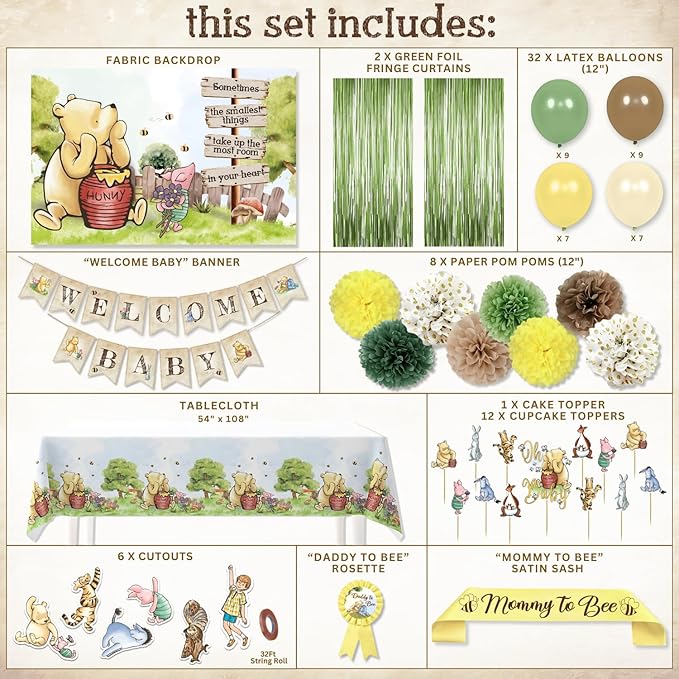 Winnie Baby Shower Decorations – the Pooh Balloons, Backdrop, Welcome Baby Banner, Tablecloth, Cake Toppers, Pompoms, Sash & More – Classic Pooh Baby Shower Theme Party Decor