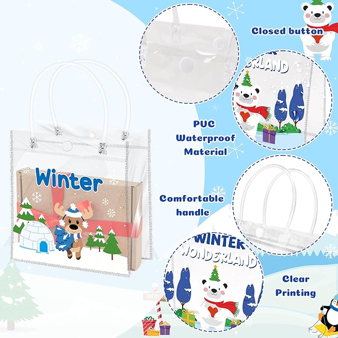 H1vojoxo Polar Animals Gift Bags - 24PCS Winter Polar Animals Clear PVC Gift Bags with Handle Let it Snow Reusable PVC Plastic Transparent Waterproof Tote Bag for Winter Birthday Party Supplies