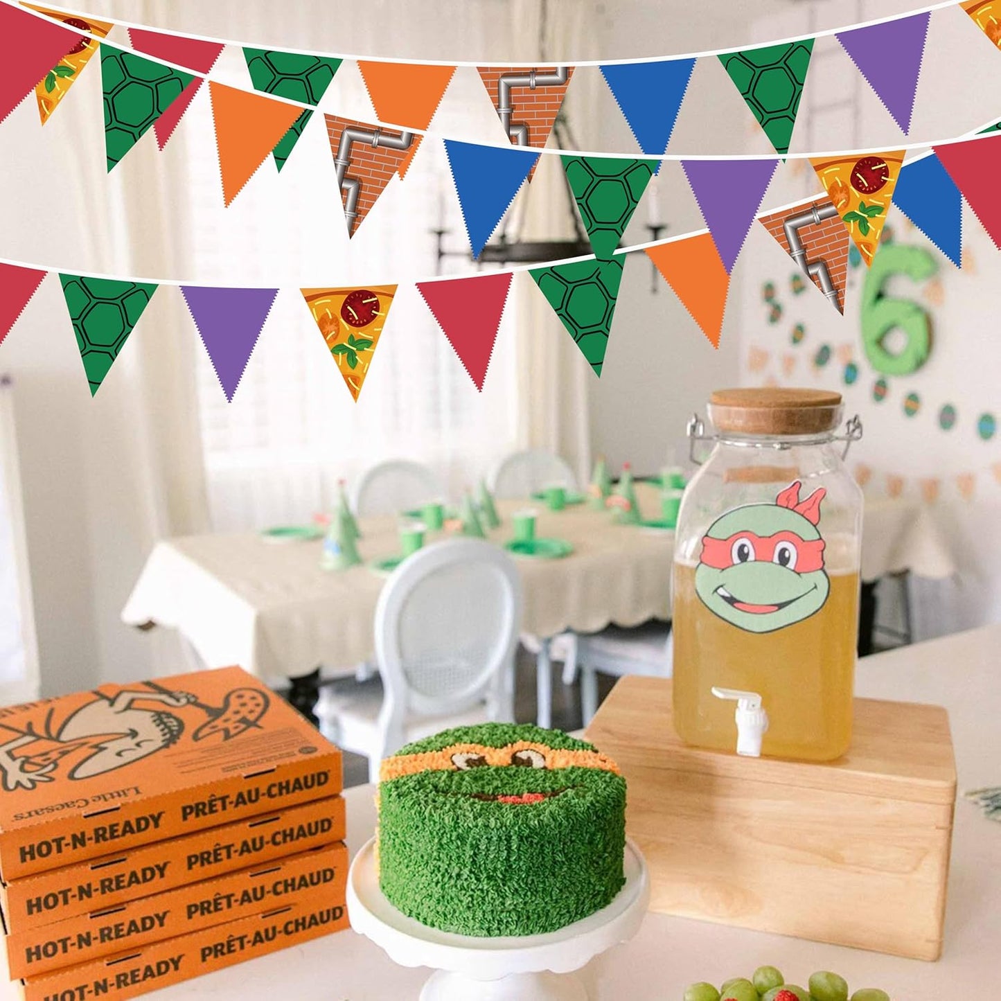 32Ft Cartoon Turtle Party Decorations Pizza and Brick Wall Triangle Flag Pennant Banner Fabric Garland Streamer for Kids Boys Superhero Birthday Turtle Baby Shower Video Games Party Decor Supplies