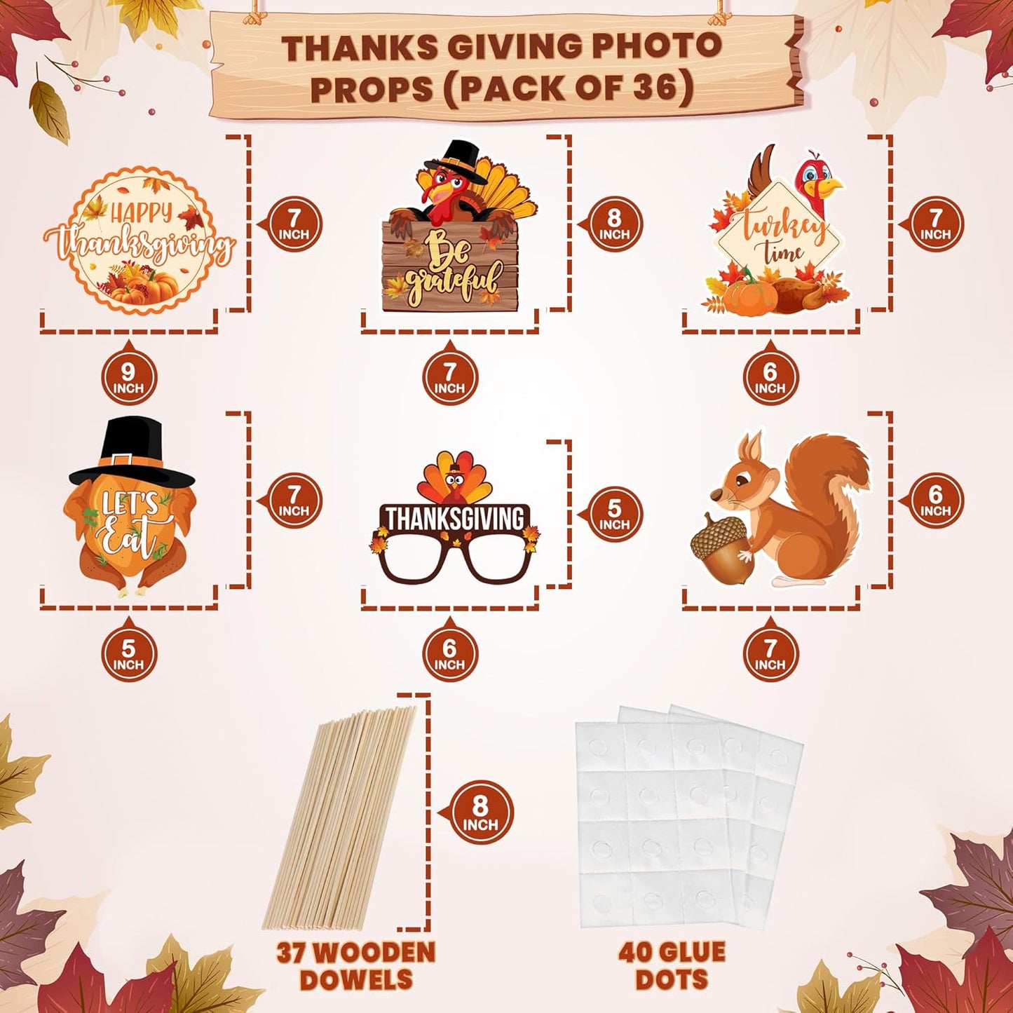 KatchOn, Happy Thanksgiving Picture Props - Pack of 36 | Turkey Photo Booth Props for Autumn, Fall | Photo Booth Props for Thanks Giving Decorations | Thanksgiving Harvest Party Decoration