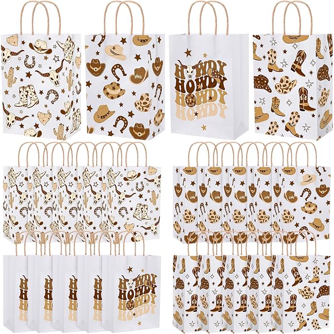 Gaillty 24 Pcs Western Cowboy Paper Bags Boot Hat Brown Cowboy Gift Bags Wild West Goodie Candy Treat Bag with Handles for Birthday Baby Shower Bachelorette Party Supplies Western Party Decorations