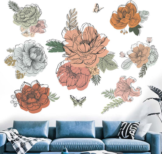 Flower Wall Decals for Living Room: Grass Plants Boho Floral Wildflower Wall Stickers - Bedroom Sofa TV Background Home Wall Decor