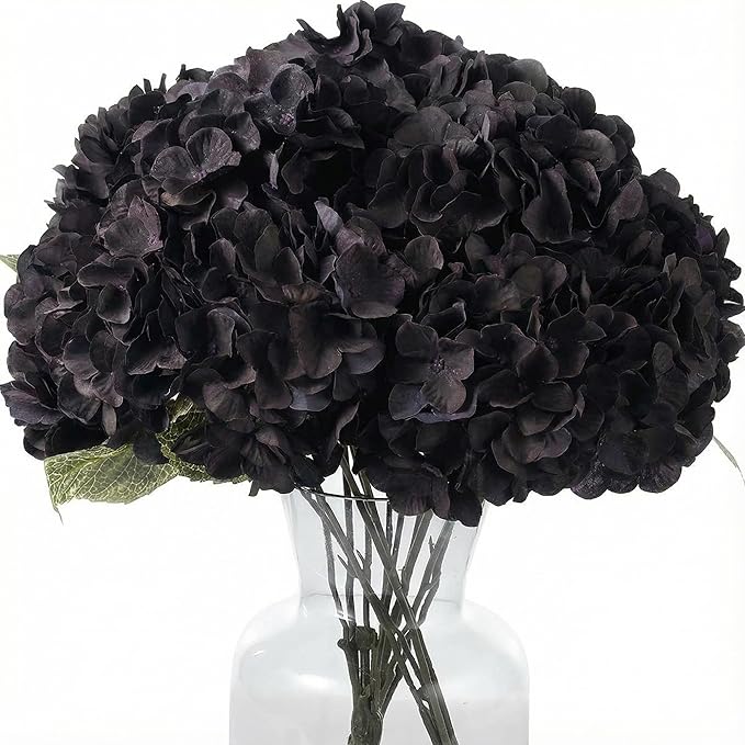 2Bouquets Artificial Fake Flowers Plants Silk Hydrangea Arrangements Wedding Bouquets Decorations Plastic Floral Home Kitchen Garden Party Festival Bar DIY (Black)