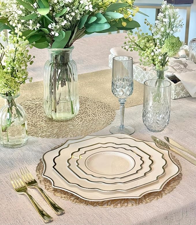 " OCCASIONS " 40 Pieces 13.25'' Scalloped Disposable/Reusable Plastic Charger Plates for Wedding, (Scalloped Imperial Ivory & Gold)