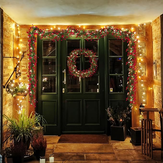 RECUTMS Artificial Leaves Garland with Flowers Fake Vines with Lights Spring Mantel Garland Fake Greenery Vines 5.8 Ft Lit Vine for Mantle for Wall Wedding Party Table Home Bedroom Decor(Red)