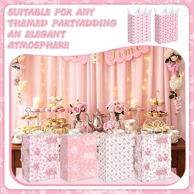 Kolldenn 24 Pcs Vintage Floral Party Gift Bags with Handles Paper Candy Treat Goodie Bags Scalloped for Birthday Decoration for Bridal Baby Shower Tea Party Supplies