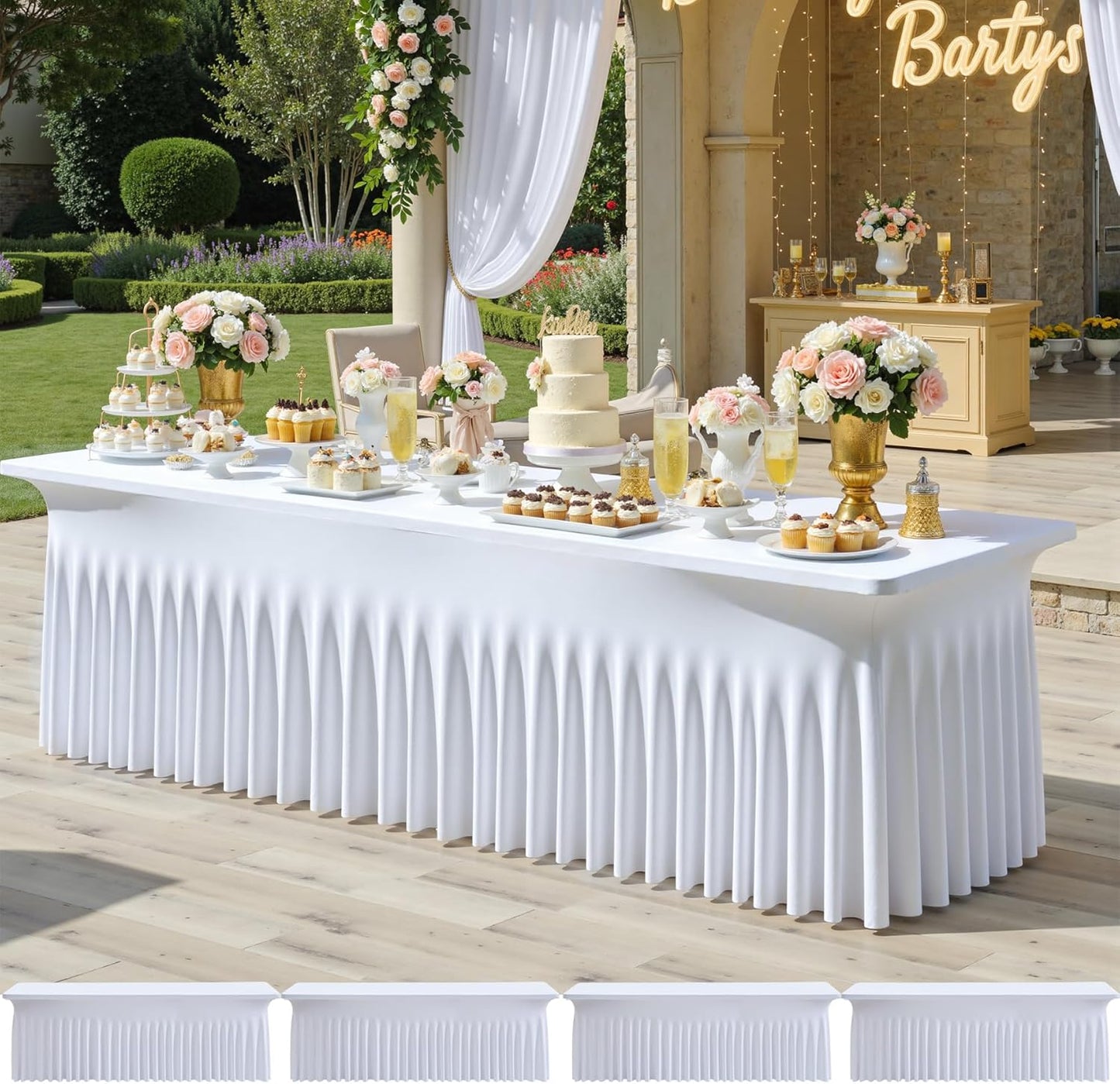 4pack White Spandex Tablecloths 8ft for Rectangle Tables, Wrinkle Free Classy Table Skirt Stretchy 8 Foot Fitted Table Cloths Covers for Weddings Birthday Party Events Banquette Baby Shower