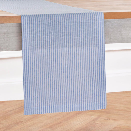 Solino Home Linen Striped Table Runner 108 Inches Long - Narrow Stripe 100% Pure Linen Cornflower Blue and White Dining Table Runner 14 x 108 Inch