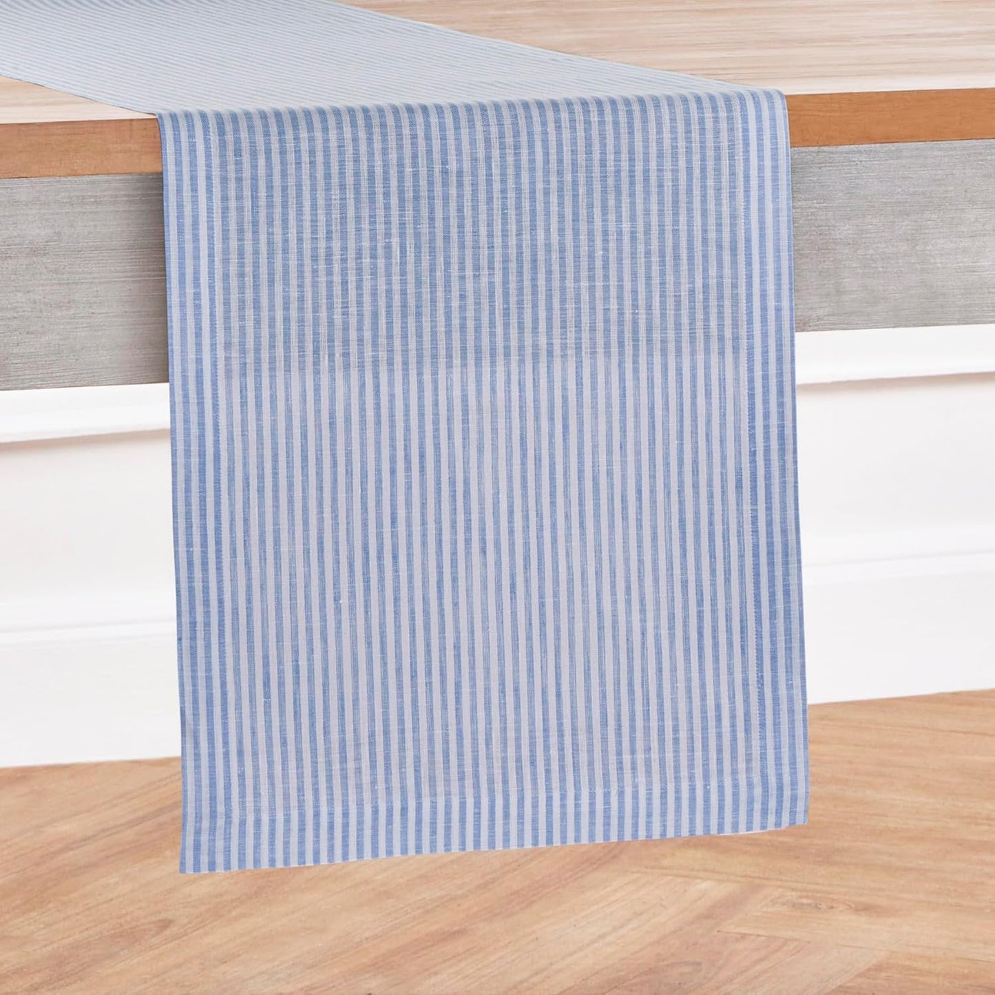 Solino Home Linen Table Runner 120 Inches Long - Narrow Stripe, 100% Pure Linen Cornflower Blue and White Table Runner 14 x 120 Inch for Dining