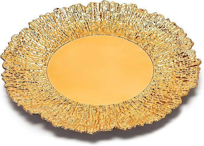 24-Unit Gold Charger Plates Collection, 13 Inch Round Plastic Chargers for Formal Dinner Weddings Banquets Party Events (Foral Gold, 24 PCS)