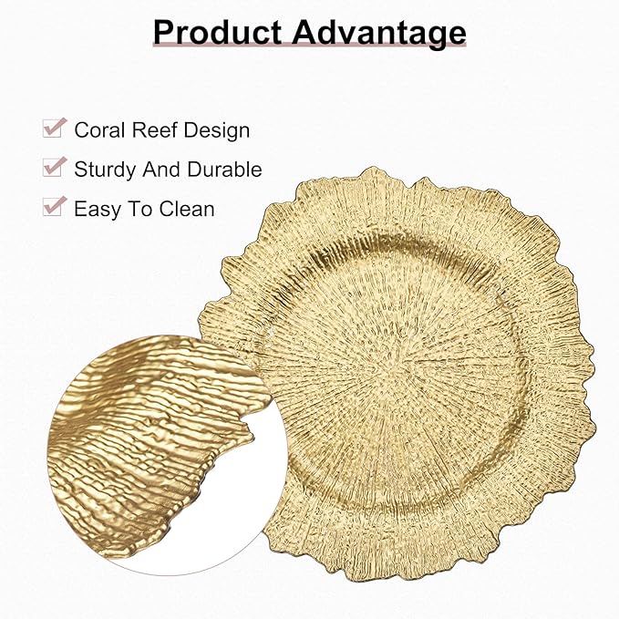 uxcell 10pcs Charger Plates Bulk 13 Inch Plastic Charger Plates Round Plate Charger for Dinner Wedding Party Event Table Setting Decoration Gold